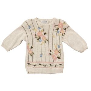 Vtg 90’s Hand Knit Floral Cottagecore 3/4 Sleeve Sweater Grandma Women’s Small